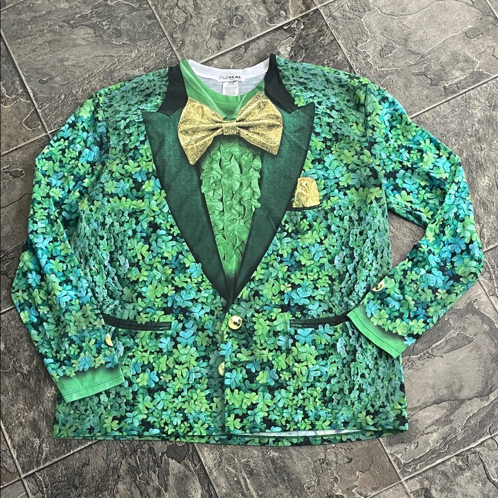 FAUX REAL St Paddy’s Day Green & Gold Fun Men’s Fake Blazer Bow-Tie Shirt XXL